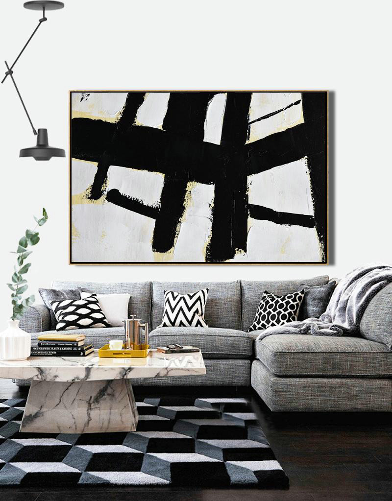 Acrylic Painting Large Wall Art,Horizontal Palette Knife Minimal Canvas Art Painting Black White Beige - Hand Painted Original Art